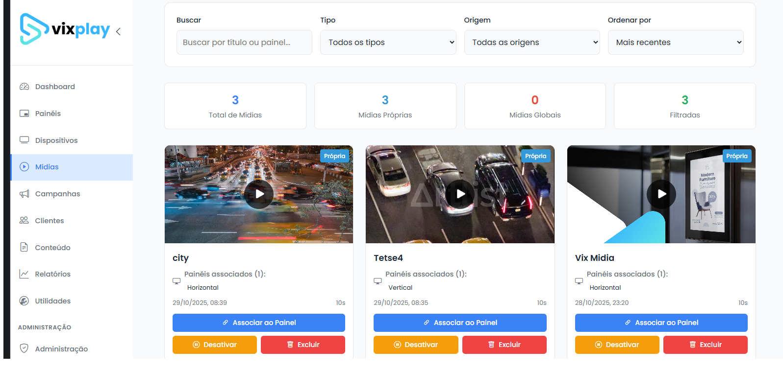 Gerenciamento de Mídias do VixPlay